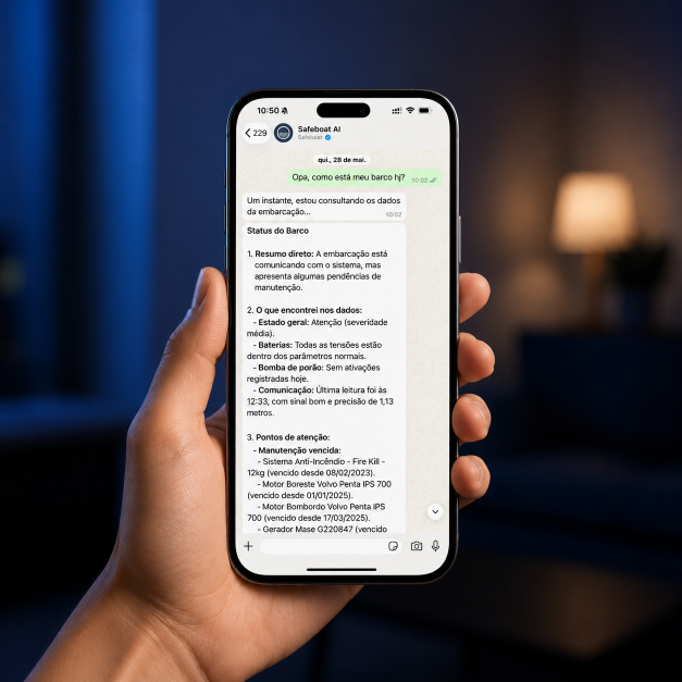 Mão segurando celular com conversa no WhatsApp: a Safeboat AI responde como está o barco